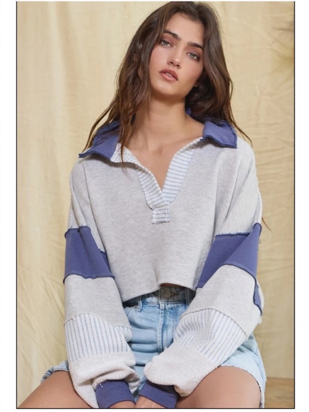 Bucket List Distressed Rugby Sweatshirt Raw Hem Blue White Size Medium
